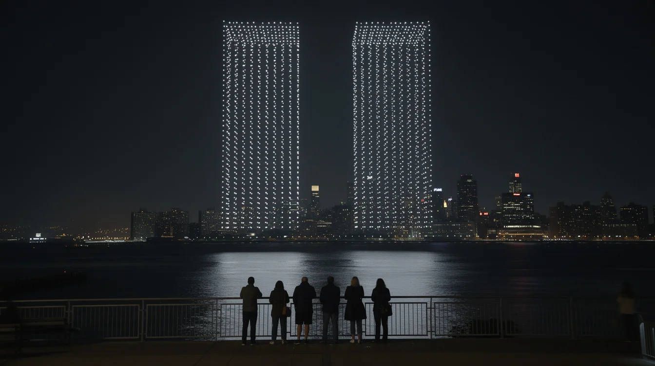Editorial photographic interpretation of a September memorial drone display over New York Harbor at night, viewed.