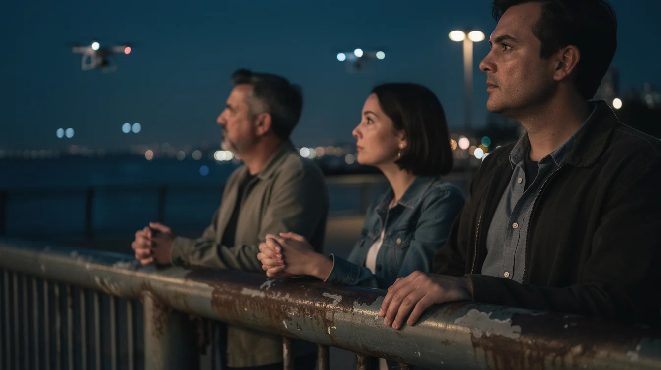 An intimate editorial photograph of three adults standing apart along a New York Harbor waterfront railing.