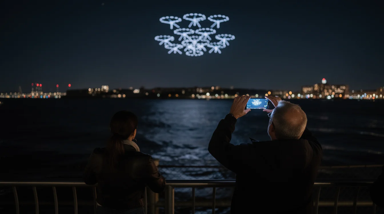 A wide editorial photograph from behind spectators at a New York Harbor promenade during a nighttime.