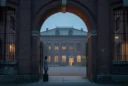 Editorial architectural photograph of a Meiji-era red-brick former prison in Nara, Japan, framed through its Romanesque.
