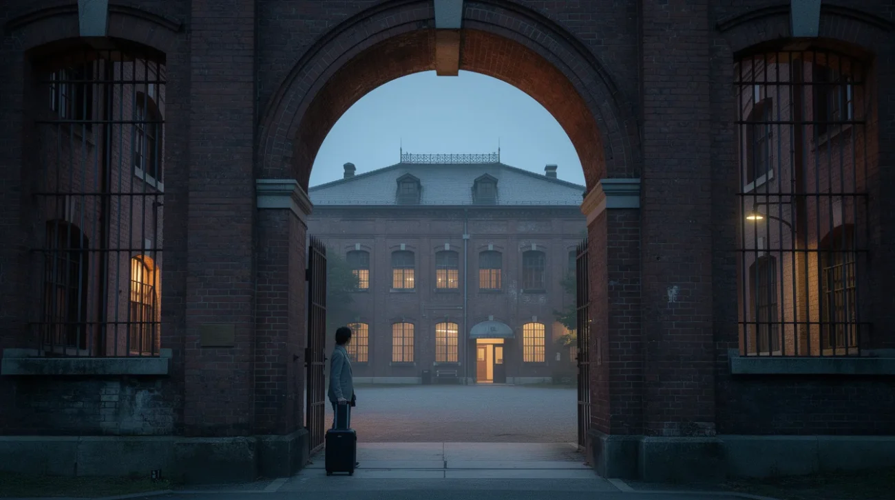 Editorial architectural photograph of a Meiji-era red-brick former prison in Nara, Japan, framed through its Romanesque.