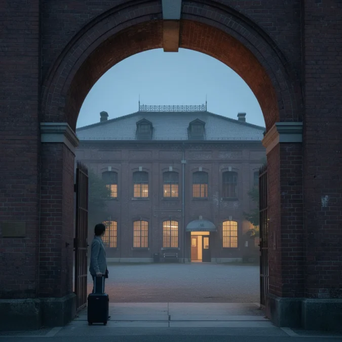 Editorial architectural photograph of a Meiji-era red-brick former prison in Nara, Japan, framed through its Romanesque.