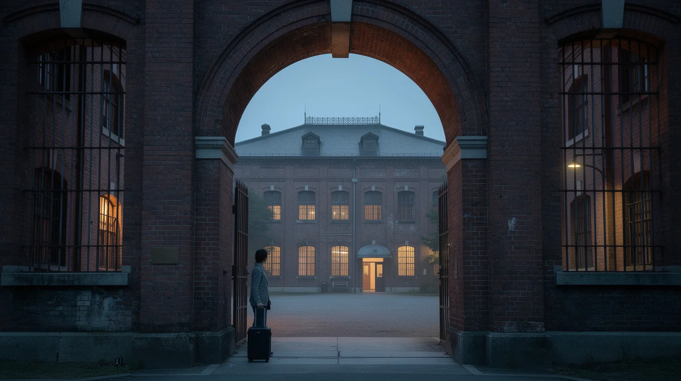 Editorial architectural photograph of a Meiji-era red-brick former prison in Nara, Japan, framed through its Romanesque.
