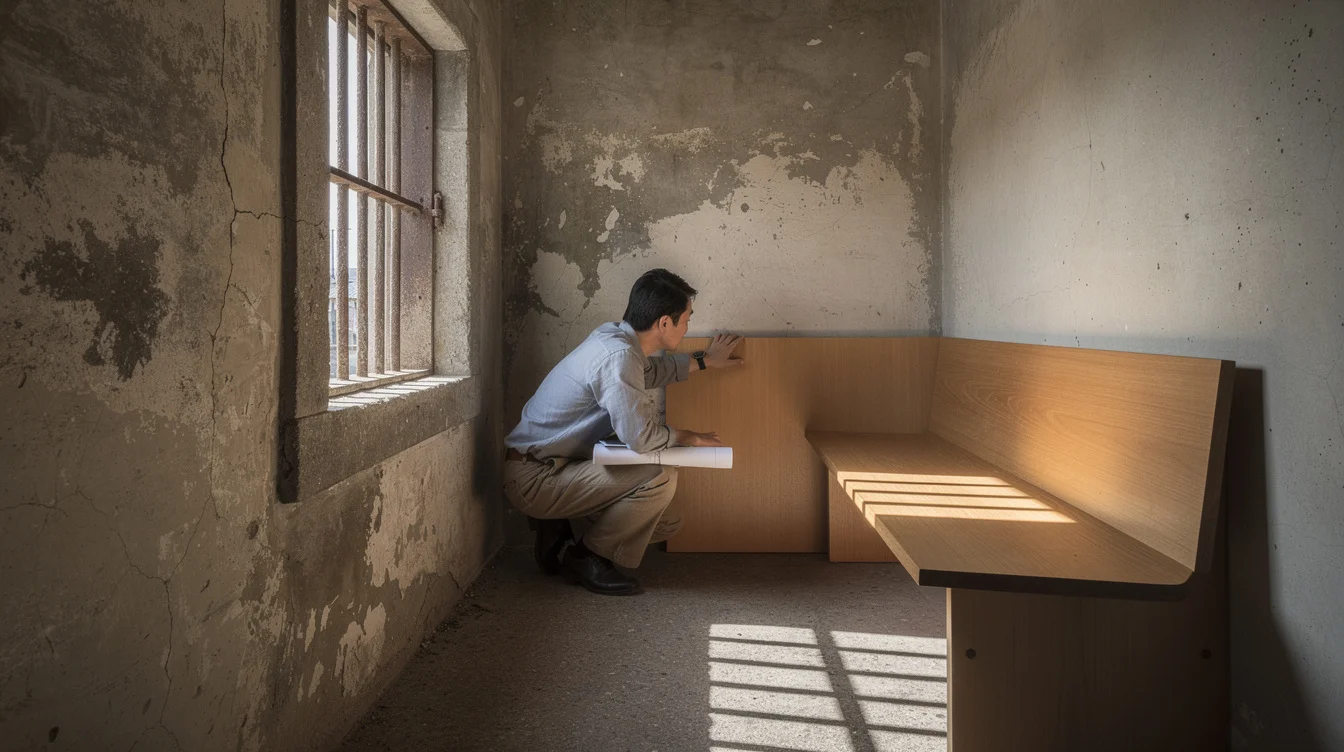 Editorial interior photograph inside a repurposed Meiji-era prison in Nara, Japan: a narrow retained cell space.