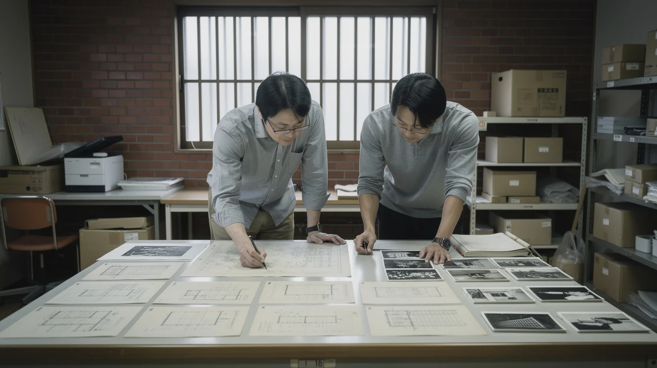 Editorial photograph of a historical research workshop in Nara, Japan, with an archivist and exhibition designer.