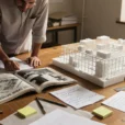 Editorial photograph of an architecture research studio examining Italian radical architecture from 1971: two researchers lean.