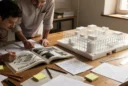 Editorial photograph of an architecture research studio examining Italian radical architecture from 1971: two researchers lean.