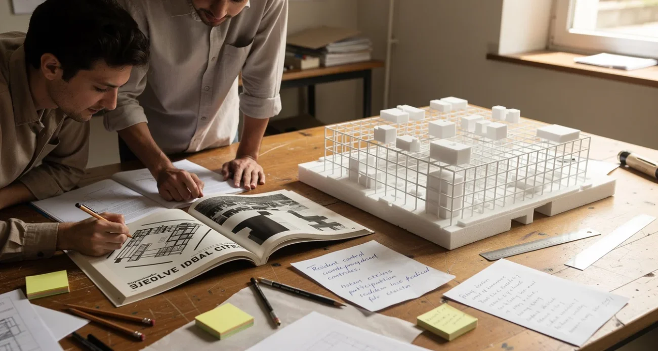 Editorial photograph of an architecture research studio examining Italian radical architecture from 1971: two researchers lean.