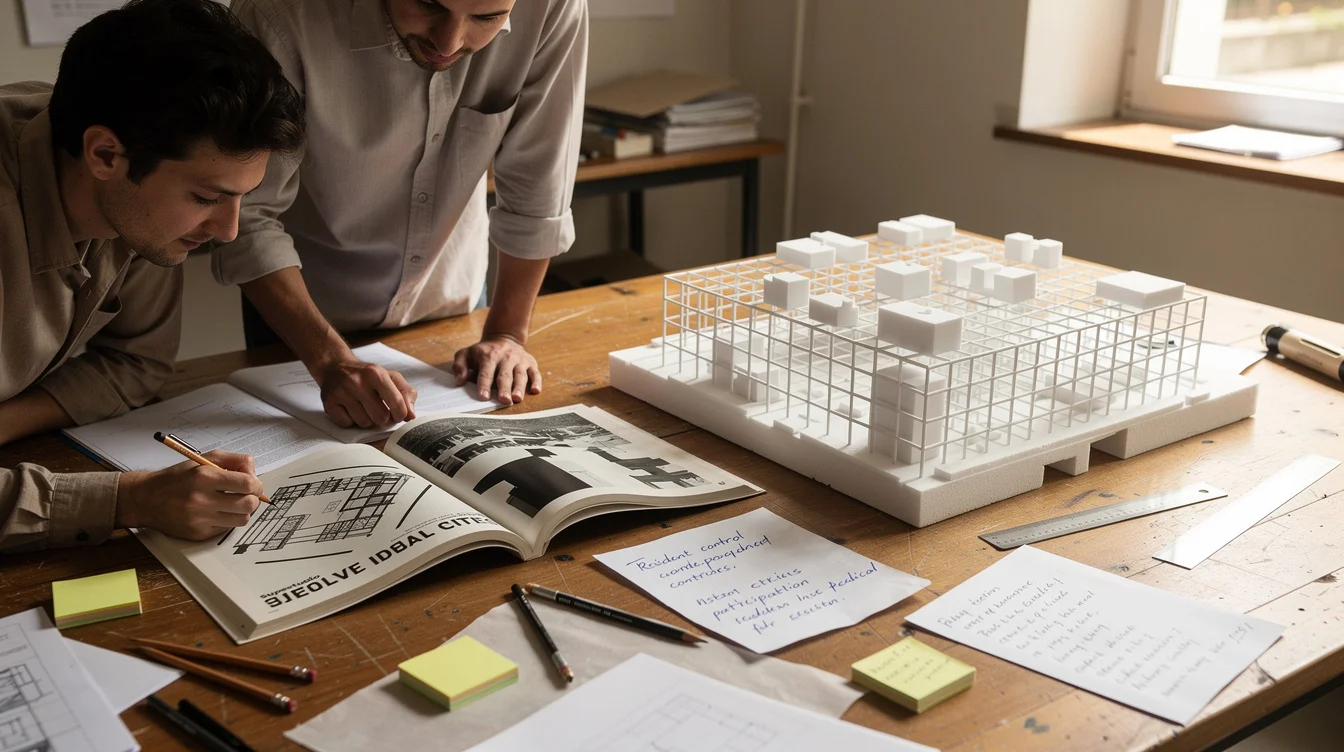 Editorial photograph of an architecture research studio examining Italian radical architecture from 1971: two researchers lean.