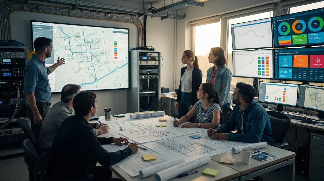Editorial photograph inside a municipal water-network control room, where an engineer explains a district map.
