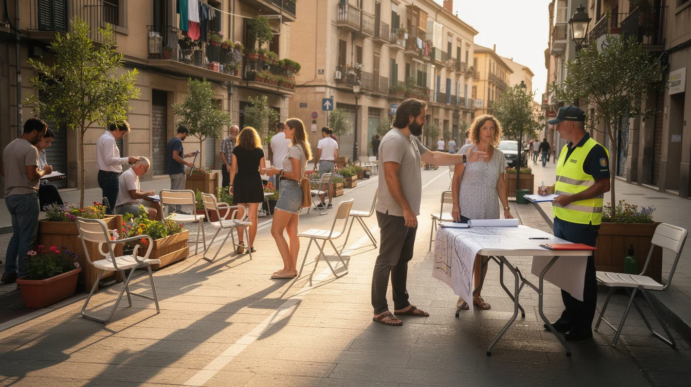 Editorial street photograph in a Barcelona residential neighbourhood during a temporary community street-use workshop. Residents move.