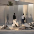 Editorial photograph of a temporary architectural installation in Tehran, with salvaged concrete fragments arranged beside reflective.