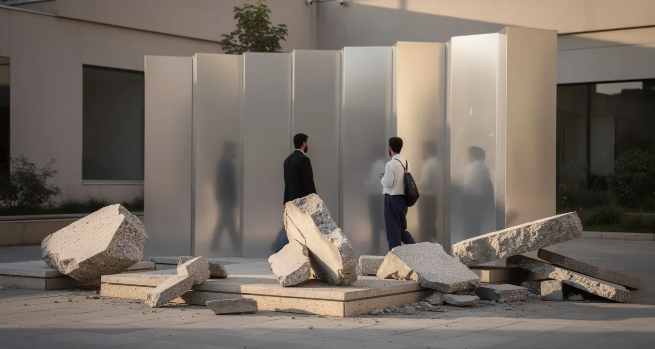 Editorial photograph of a temporary architectural installation in Tehran, with salvaged concrete fragments arranged beside reflective.