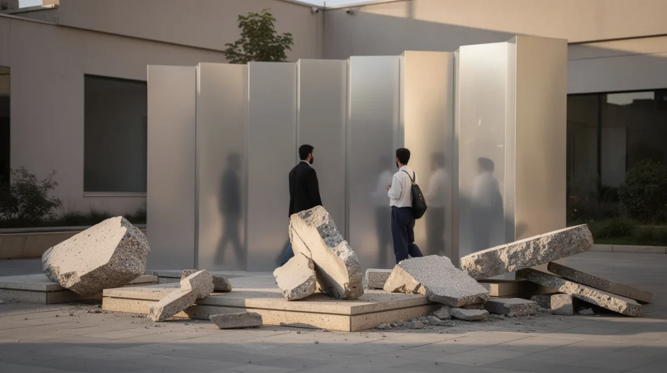 Editorial photograph of a temporary architectural installation in Tehran, with salvaged concrete fragments arranged beside reflective.