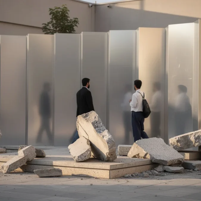 Editorial photograph of a temporary architectural installation in Tehran, with salvaged concrete fragments arranged beside reflective.