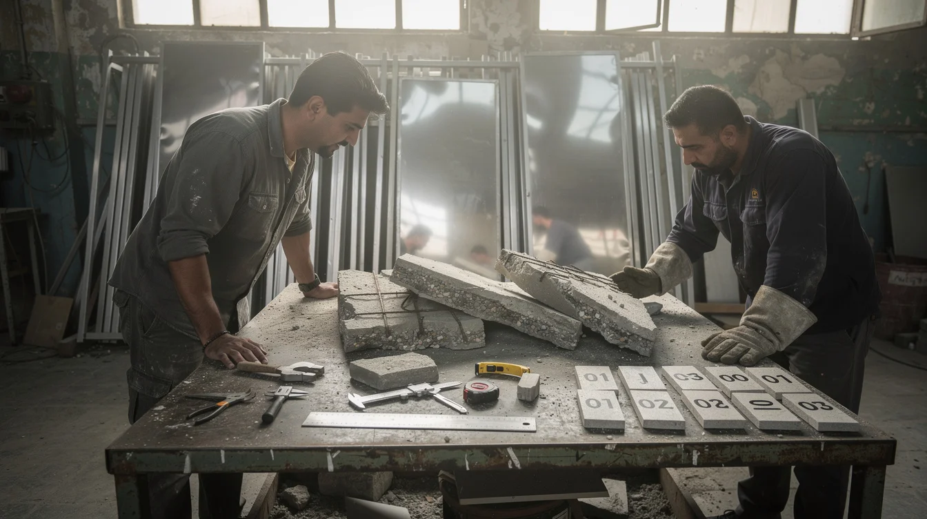 Editorial photograph inside a Tehran salvage workshop, where a designer and a worker wearing protective gloves.