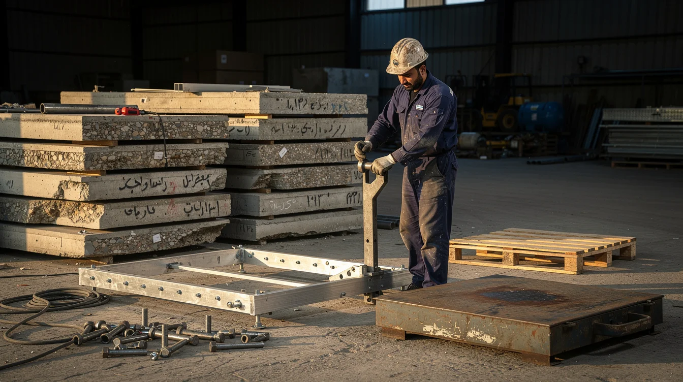 Editorial photograph in a Tehran fabrication yard at the end of the working day. A technician.