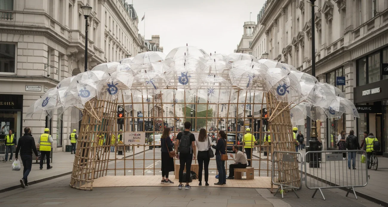 Editorial photograph on the pedestrianised Strand in London during London Design Festival: a temporary bamboo-grid pavilion.
