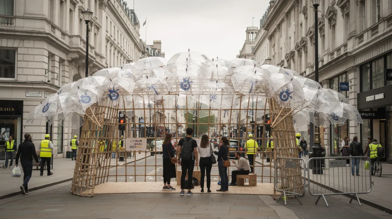 Editorial photograph on the pedestrianised Strand in London during London Design Festival: a temporary bamboo-grid pavilion.