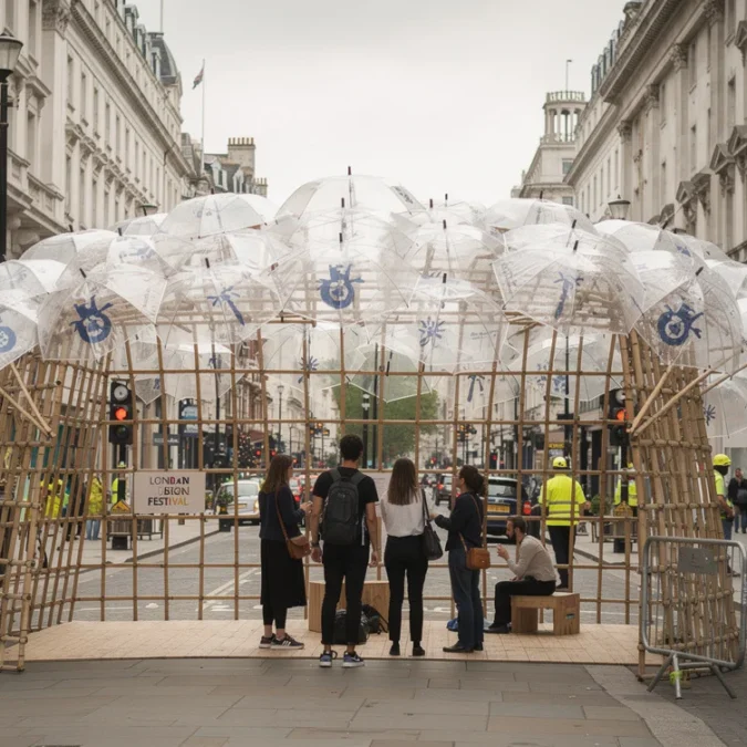 Editorial photograph on the pedestrianised Strand in London during London Design Festival: a temporary bamboo-grid pavilion.