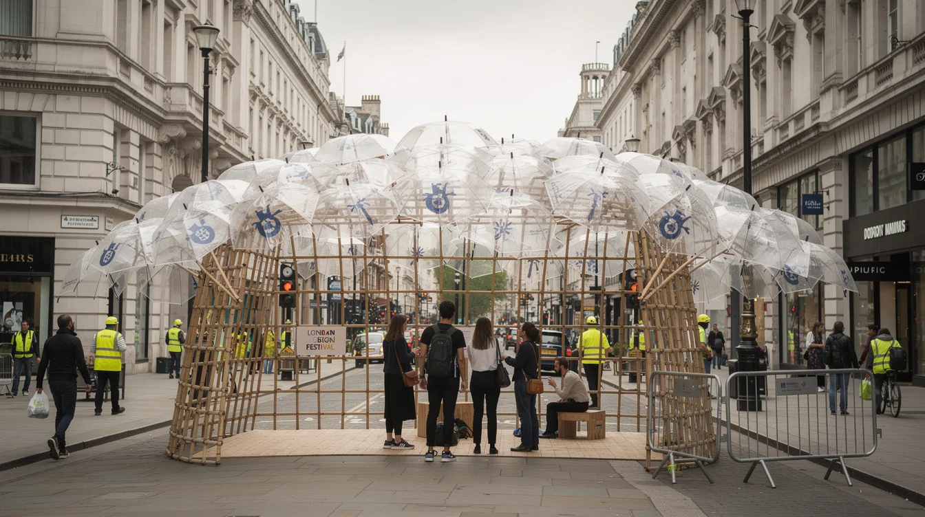 Editorial photograph on the pedestrianised Strand in London during London Design Festival: a temporary bamboo-grid pavilion.