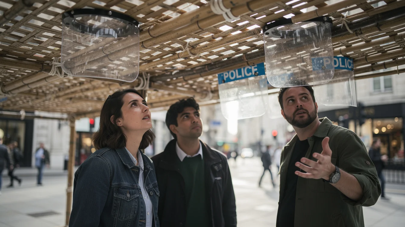 Editorial photograph from beneath a temporary bamboo-grid shelter on London’s pedestrianised Strand during London Design Festival..