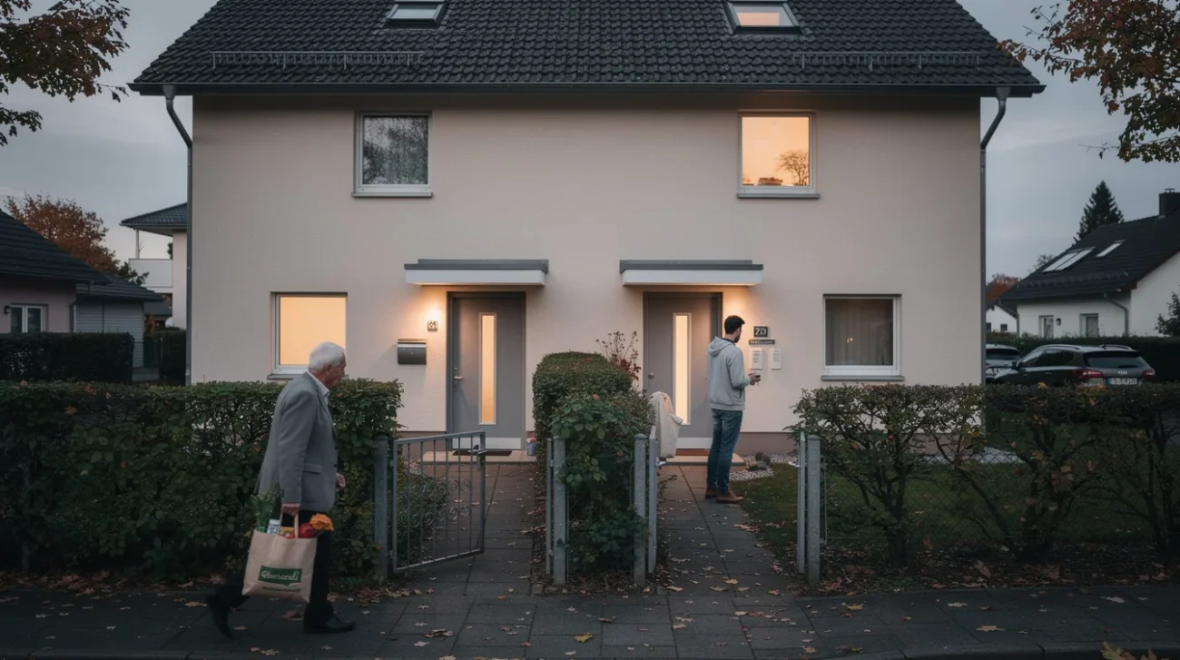 Editorial photograph of an ordinary detached house in a German residential neighbourhood, adapted with two modest.