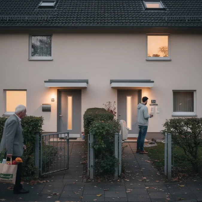 Editorial photograph of an ordinary detached house in a German residential neighbourhood, adapted with two modest.