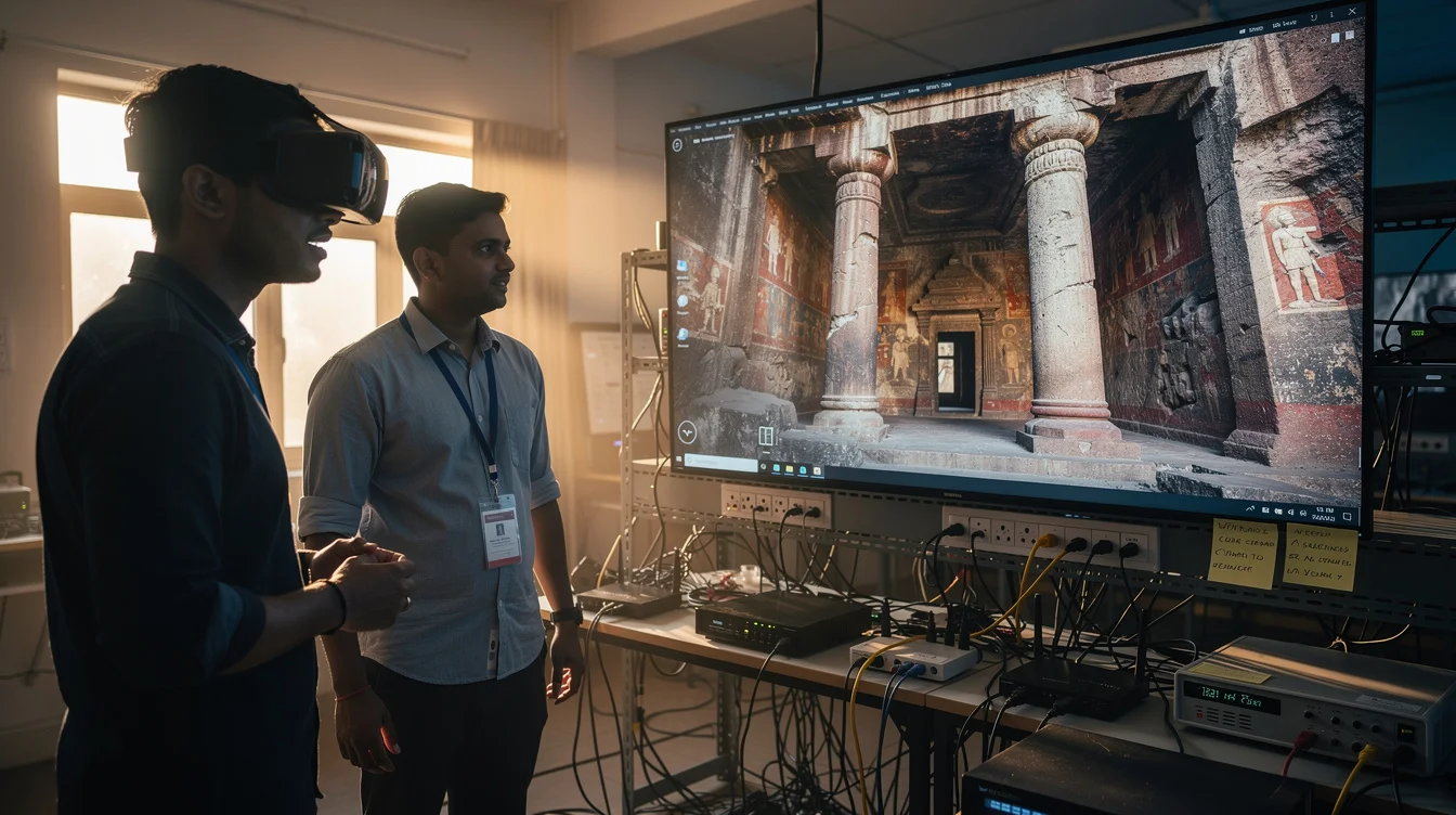Editorial photograph inside a university visualisation laboratory in Maharashtra, India: a visitor wearing a VR headset.