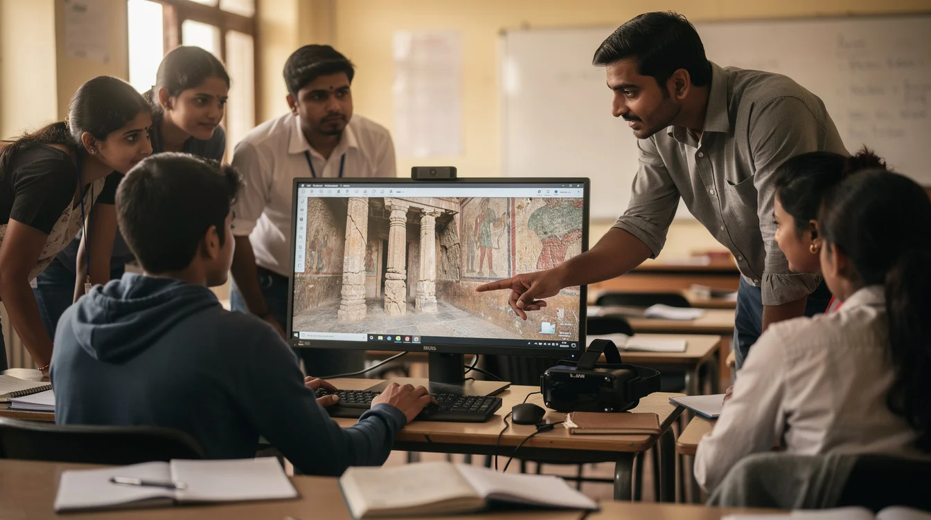 Editorial photograph of a small teaching session in an Indian university classroom, students gathered around.