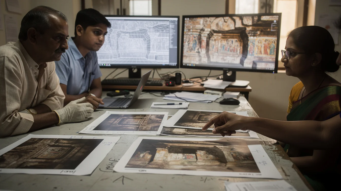 Editorial photograph of a heritage digitisation review meeting in Maharashtra, India, with a conservator, a software.