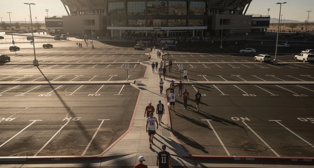 Editorial photograph of stadium-bound pedestrians crossing a broad asphalt parking area in Las Vegas, a dark.