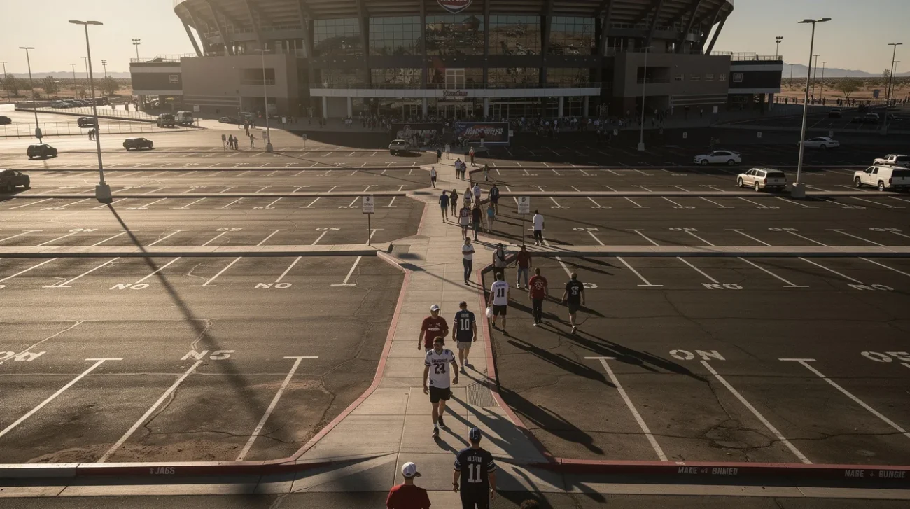 Editorial photograph of stadium-bound pedestrians crossing a broad asphalt parking area in Las Vegas, a dark.