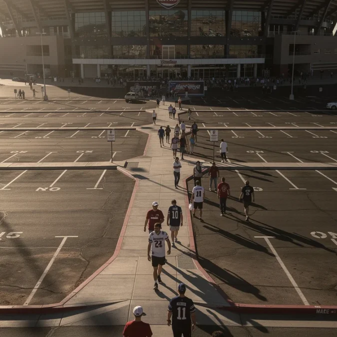 Editorial photograph of stadium-bound pedestrians crossing a broad asphalt parking area in Las Vegas, a dark.
