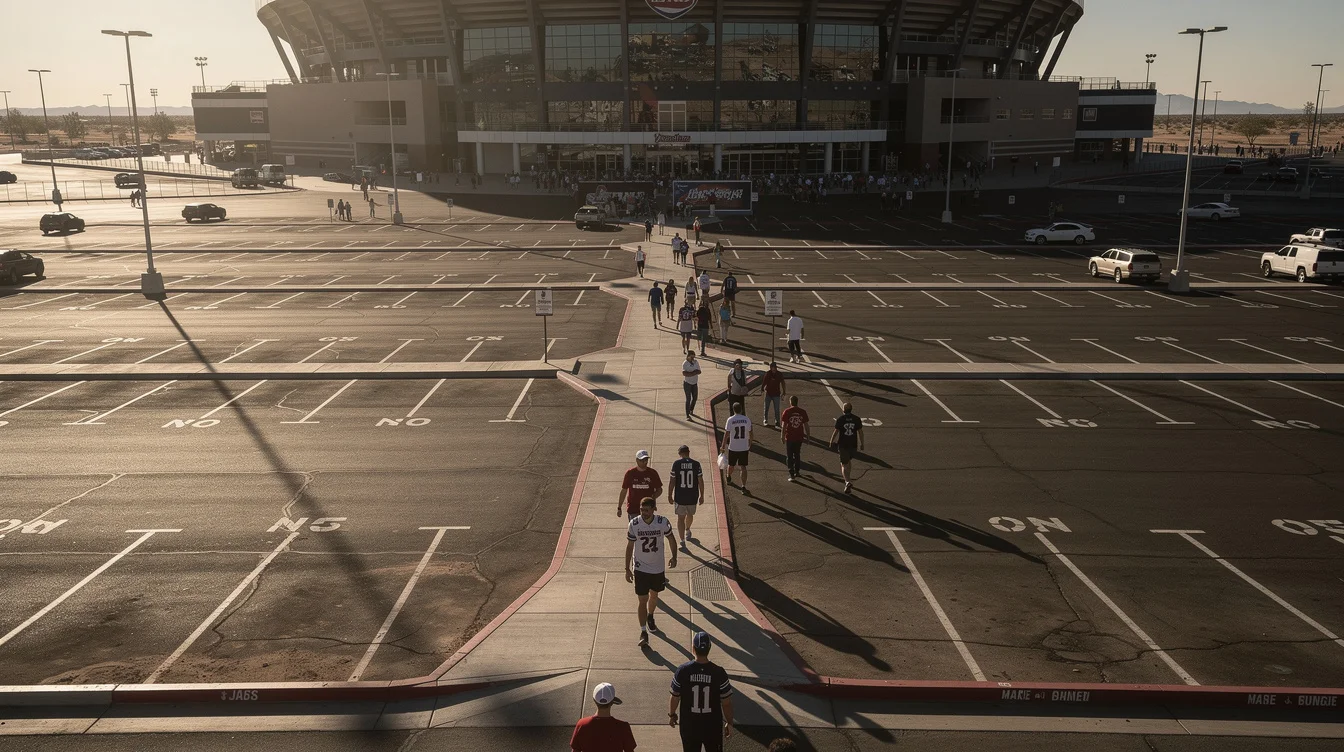 Editorial photograph of stadium-bound pedestrians crossing a broad asphalt parking area in Las Vegas, a dark.