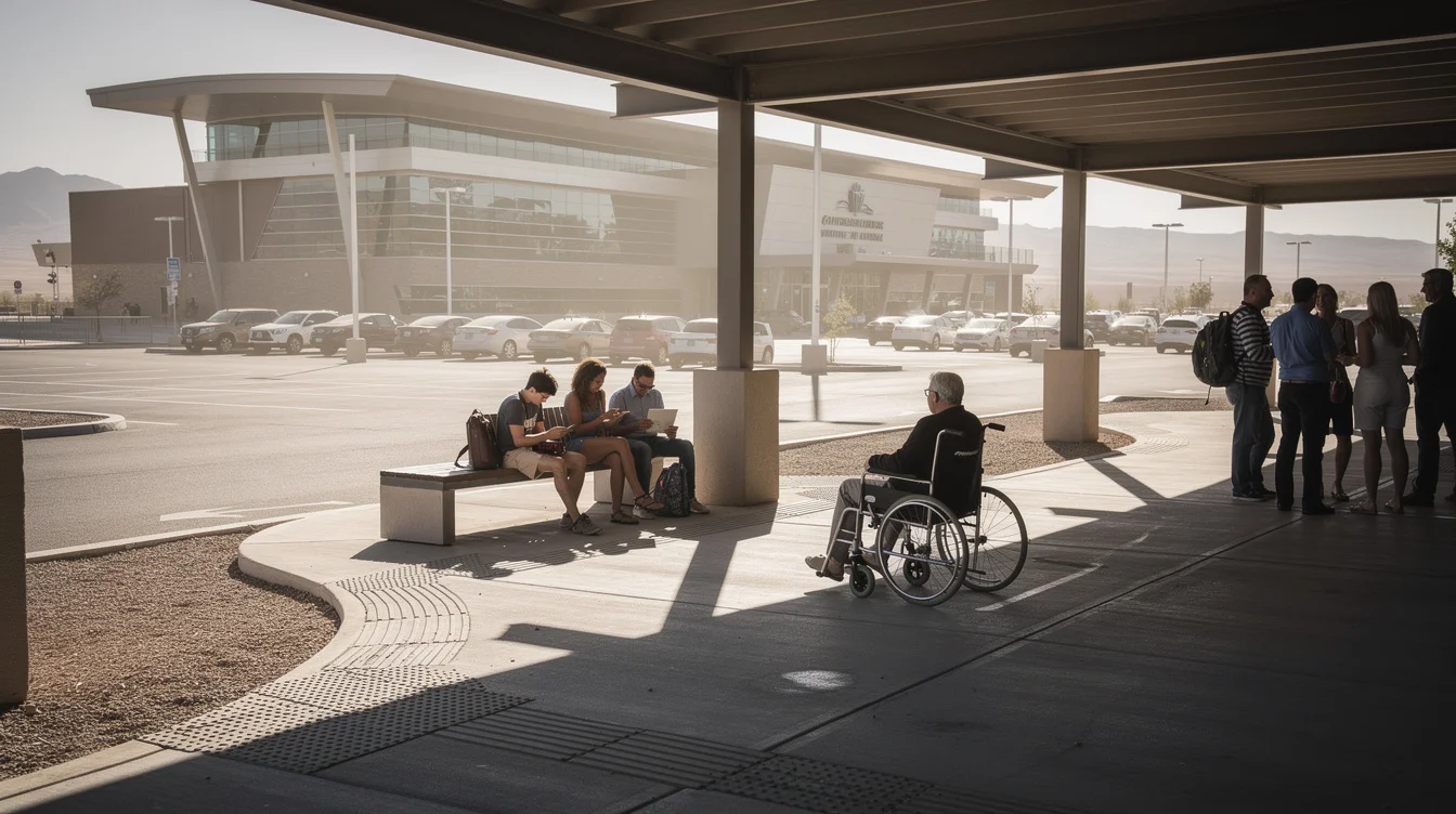 Editorial photograph at a shaded pedestrian gathering area beside a large contemporary event venue in Las.