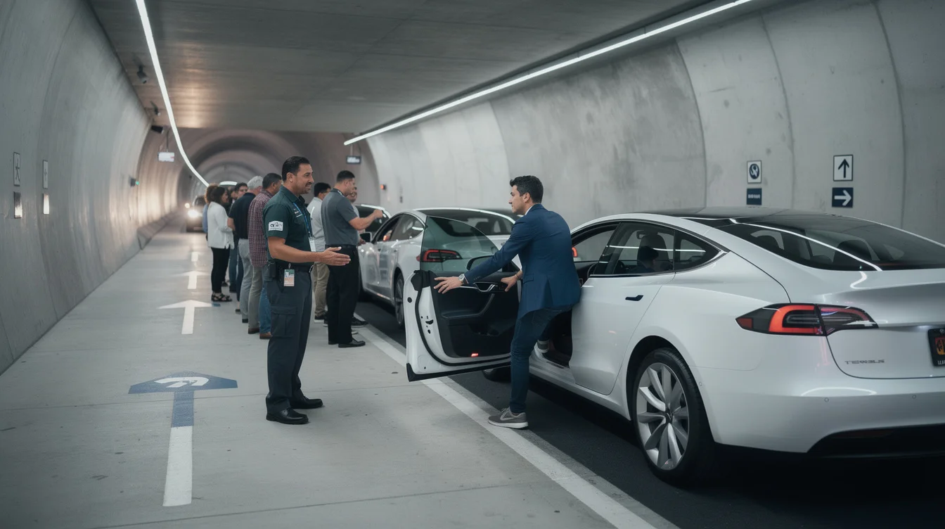 Editorial photograph inside an underground car-tunnel passenger loading area in Las Vegas, with electric sedans aligned.
