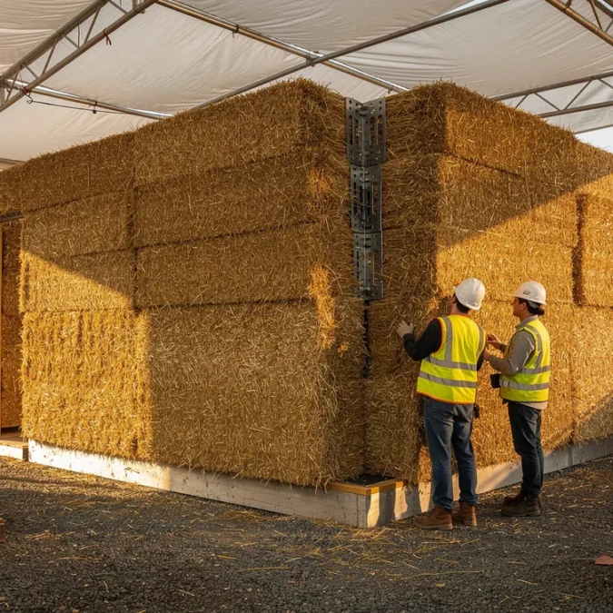 Editorial photograph concept of a compressed-straw building-system mock-up at a New York construction research site, without.