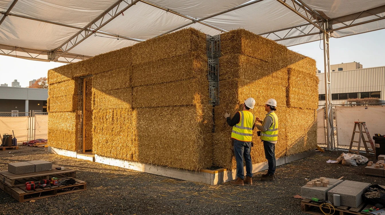 Editorial photograph concept of a compressed-straw building-system mock-up at a New York construction research site, without.