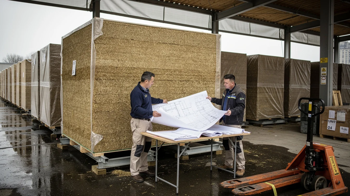 Editorial photograph of an assembly-planning session in a covered construction yard in New York. An architect.
