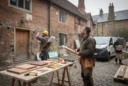 Editorial photograph of a conservation architect and a furniture maker surveying a weathered Tudor-period brick building.