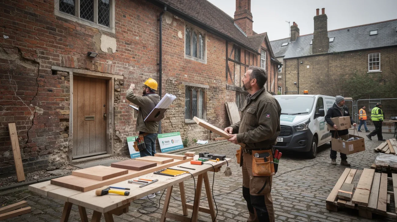 Editorial photograph of a conservation architect and a furniture maker surveying a weathered Tudor-period brick building.