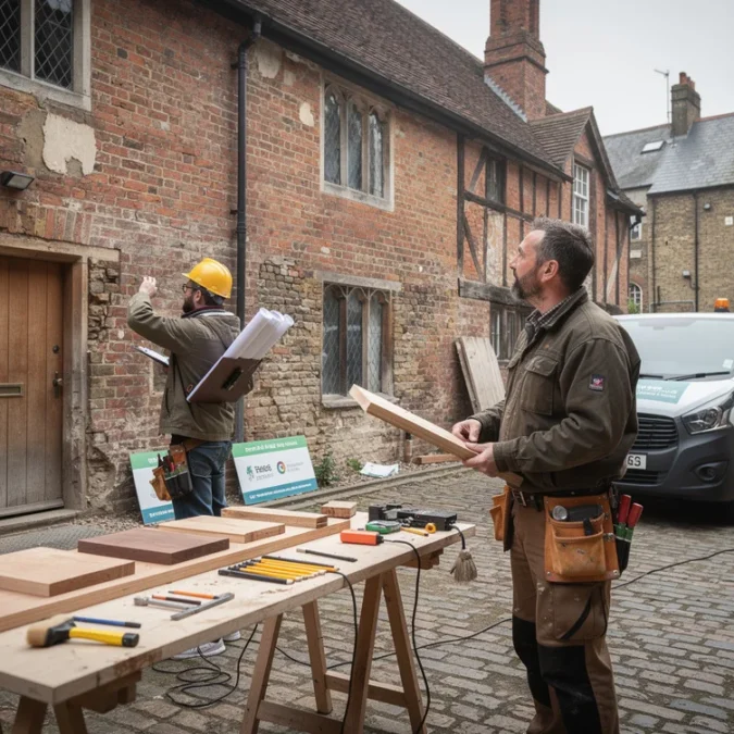 Editorial photograph of a conservation architect and a furniture maker surveying a weathered Tudor-period brick building.