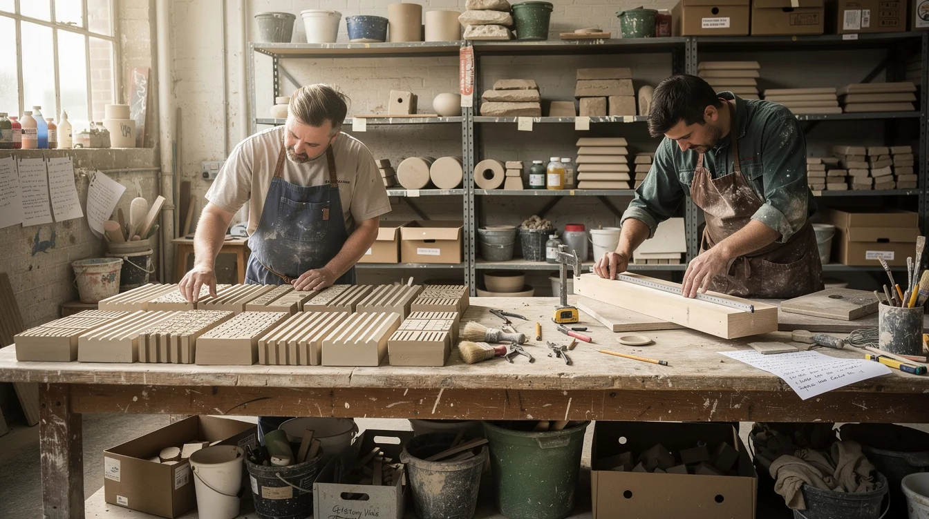 Editorial photograph inside an established east London shared workshop: a ceramicist checks a row of freshly.