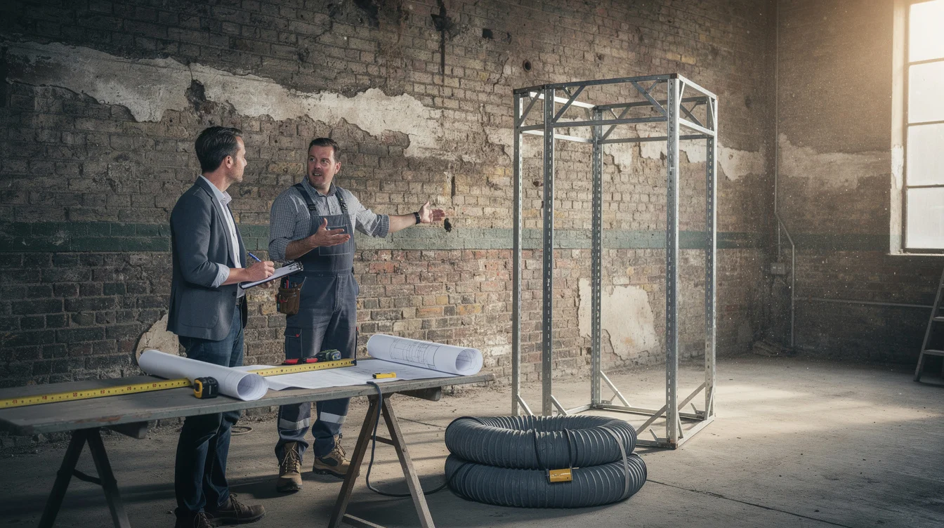 Editorial photograph of a conservation survey in an old brick interior in east London, with.