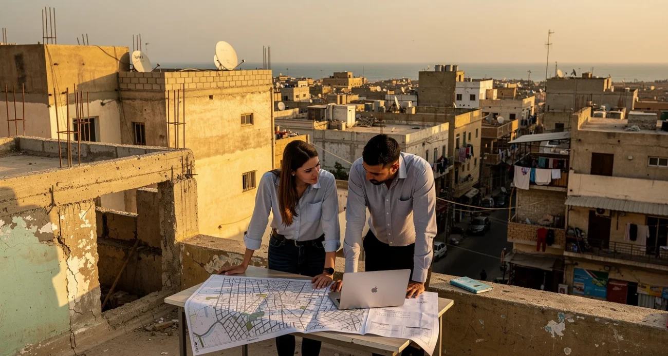 Editorial photograph conceived in Benghazi, Libya: two local urban planners on a rooftop overlooking low-rise concrete.