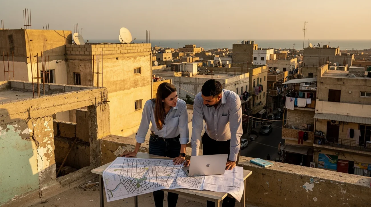 Editorial photograph conceived in Benghazi, Libya: two local urban planners on a rooftop overlooking low-rise concrete.