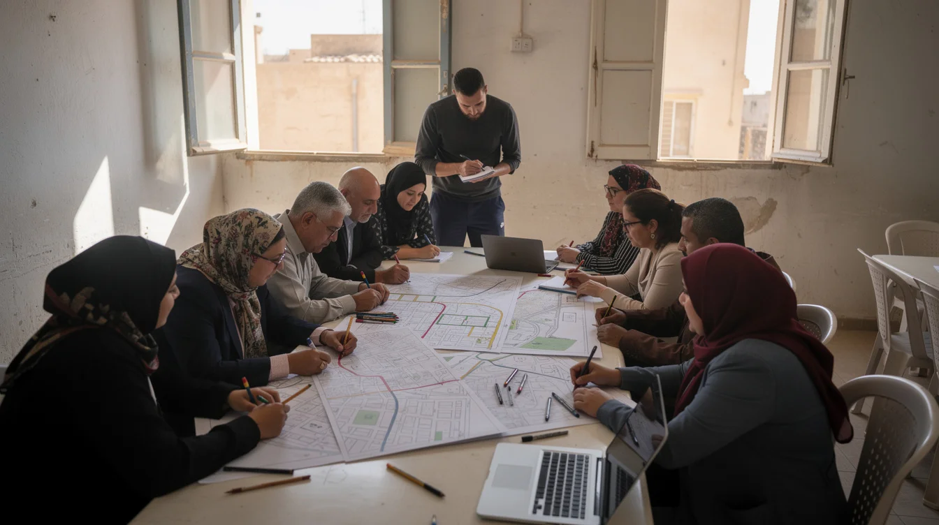 Illustrative editorial photograph of a neighbourhood planning workshop in Benghazi, Libya, inside a modest community room.