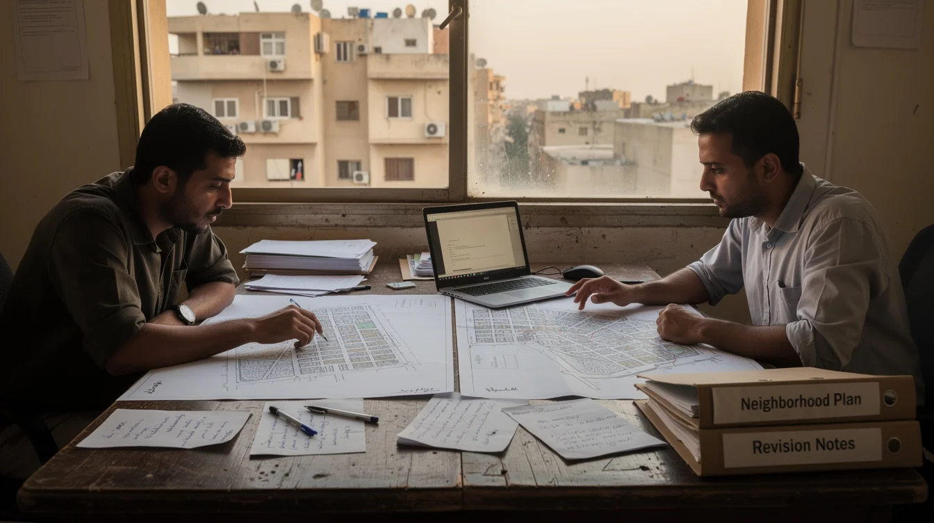 Illustrative editorial photograph in a modest planning office in Benghazi, Libya: a resident and municipal staff.