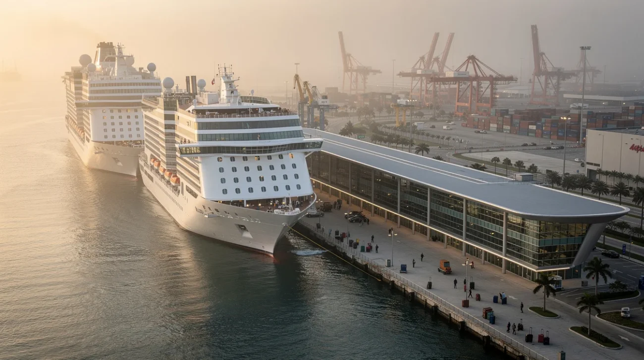Editorial photograph of PortMiami from an elevated waterfront viewpoint, a slim, elongated contemporary cruise terminal running.